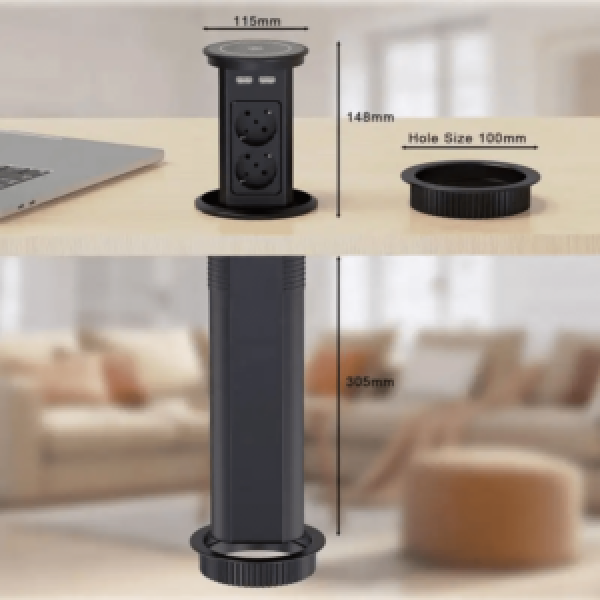 LED Automatska izvlačna utičnica 2EU+3USB 2A/1C+QI+BT- crna/crna