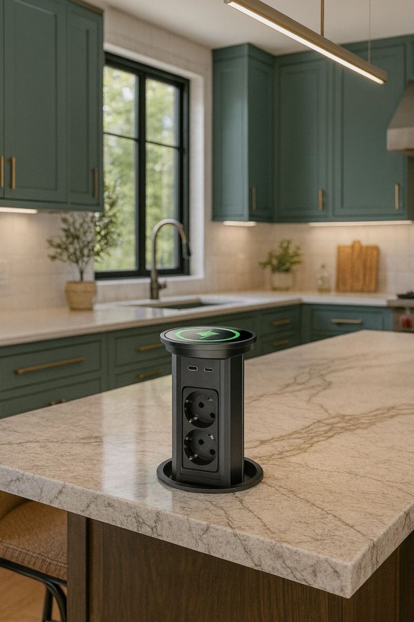 LED Automatska izvlačna utičnica 2EU+3USB 2A/1C+QI+BT- crna/crna