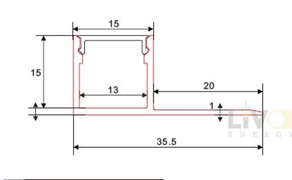 ALUMINIJSKI PROFIL UGRADBENI-JEDNOSTRANA rupičasta krilca 13mm x 35.5mm x 15mm -C140