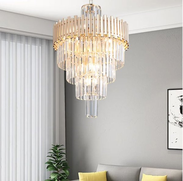 Stropna visilica fi550*H800mm E14*9 metal+kristal- zlatna+prozirna