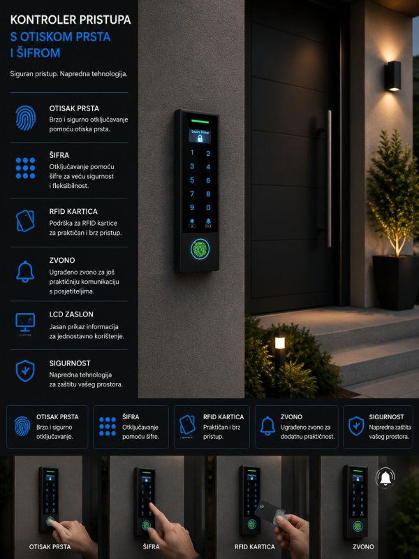 KONTROLA PRISTUPA s OLED ekranom-APP Tuya, otisak, IC kartica, touch šifrarnik sa tipkom ZVONA IP66-crna